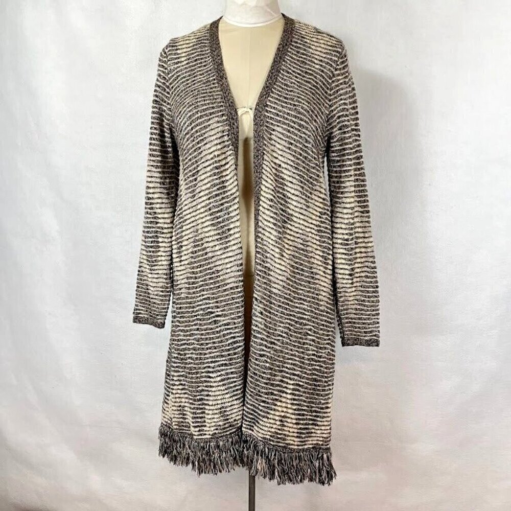 Style & Co Cardigan Metallic Aztec Fringe Duster Open Front Neutral Knit Boho XL